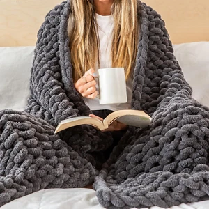 Chunky Knit Blanket Throw 50X60", Grey Chenille Chunky Knit Throw Blanket for Li - Picture 1 of 9