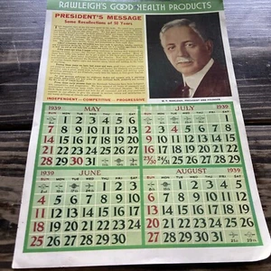 Rawleigh’s Good Health Products 1939 Large Calendar Includes Founders Message - Picture 1 of 4