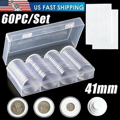 41mm Clear Plastic Coin Capsules, Silver Dollar Coin Holder, 60PCS Coin Box US - Image 1 of 4