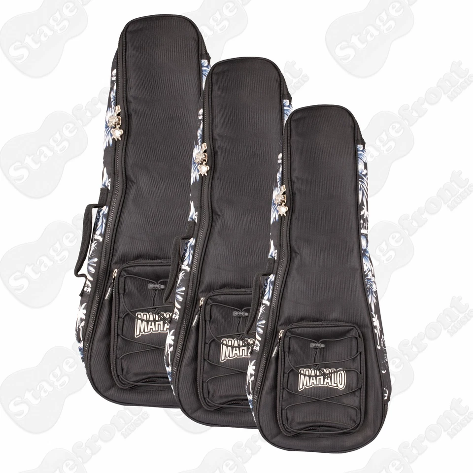 MAHALO UKULELE BAG WITH BLUE BLACK & WHITE HAWAIIAN MOTIF SIDES – SELECT SIZE - image 1 of 1