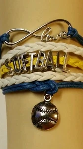 SOFTBALL LEDER BETTELARMBAND SILBER-VERSTELLBAR-GELB/BLAU/WEISS-SPORT-#141 - Bild 1 von 3