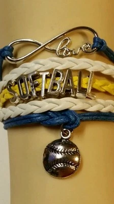 СОФТБОЛ КОЖАНЫЙ БРАСЛЕТ С БРЕЛОКАМИ СЕРЕБРО РЕГУЛИРУЕМЫЙ ЖЕЛТЫЙ/СИНИЙ/БЕЛЫЙ-SPORTS-#141 - Изображение 1 из 3