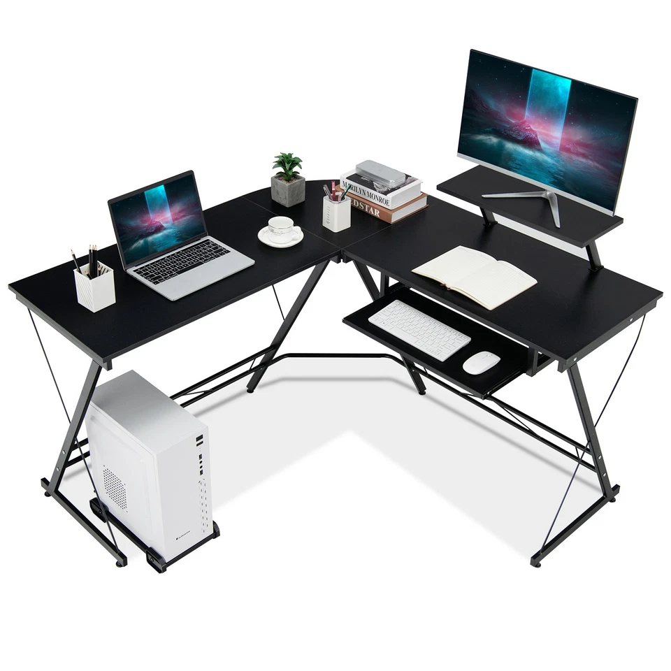 Costway Home Office Workstation L Shaped Computer Desk w/ Movable Monitor Stand
