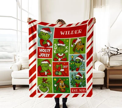 Personalized Grinch Christmas Blanket – Custom Name Holiday Throw, Cozy Green Xm - Image 1 of 3