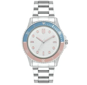 Time and Tru Womens Watch Silver Tone Adjustable Links Pink Blue Bezel New Boxed - Picture 1 of 4