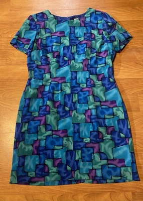 John Roberts Short Sleeve Sheath Dress Women’s 16 Blue Green Geometric Print - Image 1 of 4