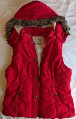 Chaleco acolchado con capucha Green Tea cremallera completa forrado por Sherpa imitación piel capucha ribete rojo L Foto 1 de 4