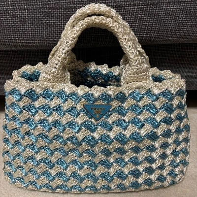 Почти как новый PRADA Rafia Crocket Канапа Дамская сумка синий белый сумка с короткими ручками корзина сумка - Изображение 1 из 4