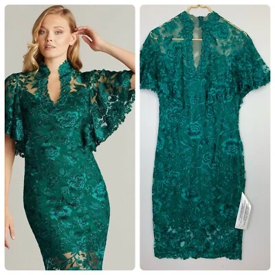 NWT Tadashi Shoji Sz 8 Cape Sleeve Green Lace Knee Length Sheath Cocktail Dress - Imagem 1 de 4