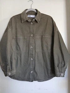 ZARA Denim Army Green Jacket Size Medium Button Up Pockets NICE - Picture 1 of 11