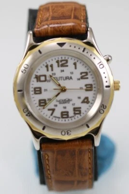 Reloj Futura Hombre Plata Oro Acero Inoxidable WR Cuero Marrón 24hr Cuarzo Blanco Foto 1 de 4