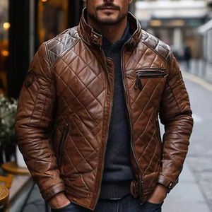 Men's Brown Lambskin Genuine Leather Quilted Down Jacket - Picture 1 of 4