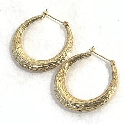 14K Yellow Gold Signed JCM Hammered Hoop Earrings Lever 2.7g 30mm - Image 1 of 4