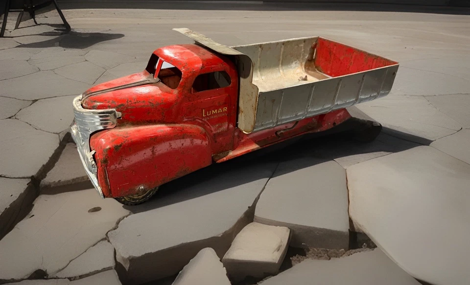 Caminhão basculante de cascalho vintage dos anos 1940-50 feito nos EUA Marx Lumar Contractors em perfeito estado!!! - Imagem 1 de 4