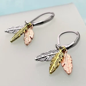 Mixed Metals Triple Feather Pendant Leverback Earrings (Silver Leverbacks) New - Picture 1 of 6