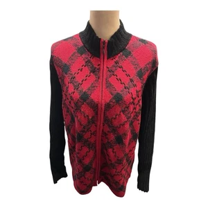 Vintage Coldwater Creek schwarz rot Rautenmuster durchgehender Reißverschluss Strickjacke Größe XL neu mit Etikett - Bild 1 von 7