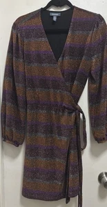 ModCloth Multicolor Metallic Striped Stretch Elastic Waist Wrap Dress Sz L - Picture 1 of 7