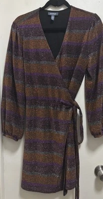 ModCloth Multicolor Metallic Striped Stretch Elastic Waist Wrap Dress Sz L - Image 1 of 4