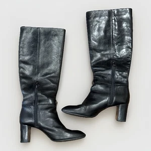 Tory Burch Stiefel mit hoher Schnalle Reißverschluss schwarz gestapelter Absatz silberner Akzent Größe 7M - Bild 1 von 16