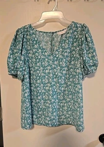 Lauren Conrad Puffärmel Top Blumenmuster grün weiß Baumwolle Größe S  - Bild 1 von 9
