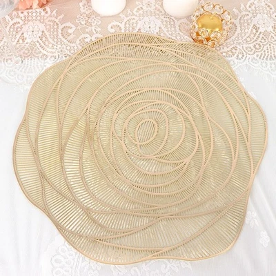 6 GOLD Metallic 15" Round Vinyl Rose Flower Placemats Party Wedding Events - Image 1 of 4