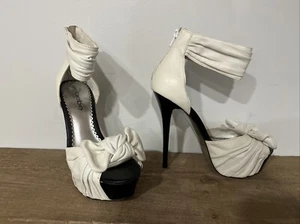 Bebe Bow Tie Leather Sandals High Heels Size 7 Black & White - Picture 1 of 5