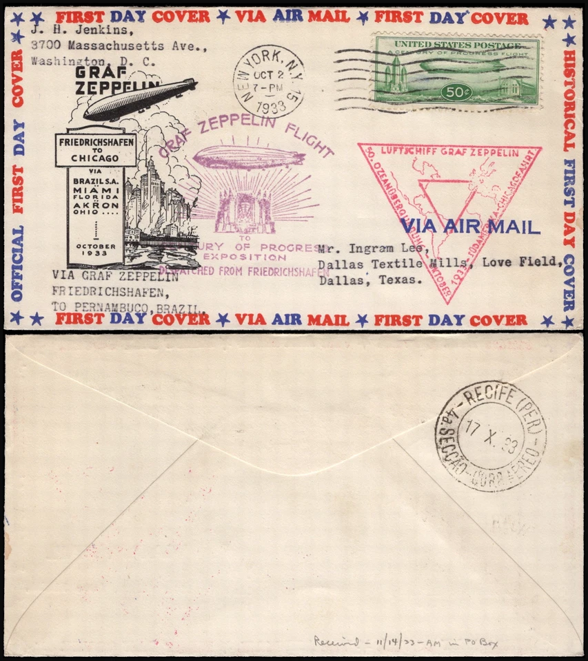 SAVOYSTAMPS - USA Cover - Graf Zeppelin FDC 1933 - C18 - NYC Oct 2nd, 1933 - Image 1 of 1