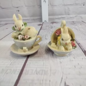 2 Ganz Mini 2" Easter Figurines Bunny Rabbit inside Teacup & Saucer Spring Party - Picture 1 of 7