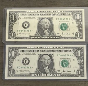 2001 Consecutive Star Notes Uncirculated Repeating Double Serial Numbers - Picture 1 of 2