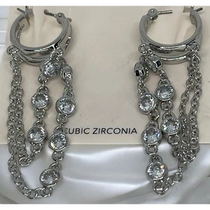 Silver Tone Chain Drop Earrings Statement Chic Stunning Trendy Fashion CZ NWT - Picture 1 of 10