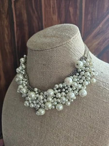 Faux Pearl Chunky Chainmail Bib Beaded Cream 16" Statement Necklace Bridal Bold - Picture 1 of 12
