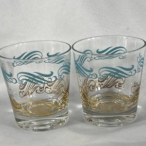 Bund Glas Vintage Steine Gläser Türkis Gold Schnörkel Set / 2 MCM ATOMIC Retro - Bild 1 von 4