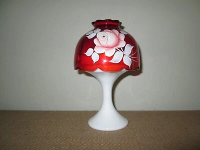 Vtg WESTMORELAND Fairy Lamp Red Hand Painted Roses + Milk Glass *C Peltier 1979 - Image 1 of 4