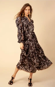 Hale Bob Dress Womens Medium Black Pink Floral Linen Phaedra Midi - Picture 1 of 14