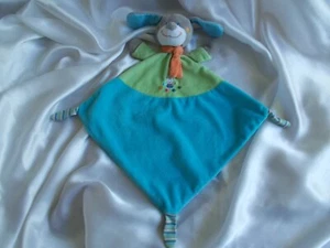 Doudou chien bleu, vert à pois, écharpe orange, chat, ballons, Mots d'enfants - Imagen 1 de 7