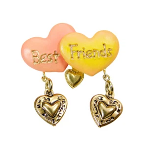 Best Friends Kirk Resin Lapel Fashion Brooch Pin Double Love Heart Dangle Charms - Picture 1 of 2