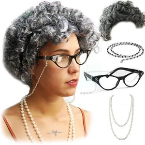 Old Lady Costume for Women Kids 100th Day of School Grandma Wig Glasses Costume - Picture 1 of 6