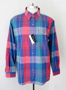 NOS w/Tag Vtg 80s Red Blue Green Plaid Poly Cotton Poplin Preppy Sport Shirt XL - Picture 1 of 5