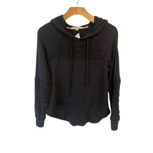 Rewind Blouse Women's Size Small Black Lace Inset Hoodie Long Sleeve Drawstring - Picture 1 of 9