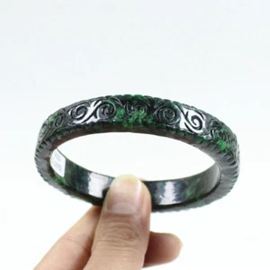 70mm Chinese Hand-carved Green Black Jadeite Jade Gems Bangle Bracelet j7767 - Picture 1 of 11
