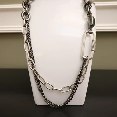 Kenneth Cole necklace chunky chains layered oval links green stone silvertone - Image 1 of 4