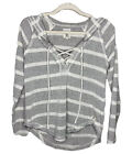 Billabong Hooded Sweater Small Gray Stripe Raw Edges Lace-up Neckline