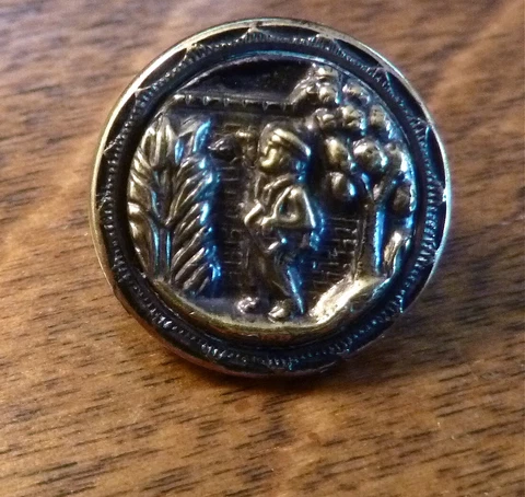 Small 5/8" BOY CHASING BUTTERFLY WHILE WALKING  ?TOM SAWYER? old brass button Cover