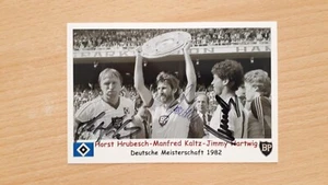 Autogrammkarte Horst Hrubesch, Manfred Kaltz, Jimmy Hartwig HSV Hamburger SV - Bild 1 von 2