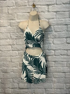 Karina Grimaldi Green White Leaf Print Halter Short Romper Sz XS - Imagem 1 de 4