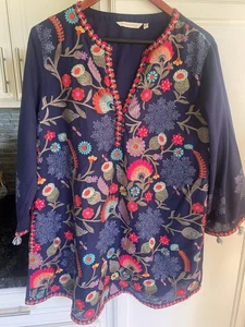Soft Surroundings Embroidered, Navy BlueCotton Flowers, Boho Tunic, Blouse Sz XL - Picture 1 of 9