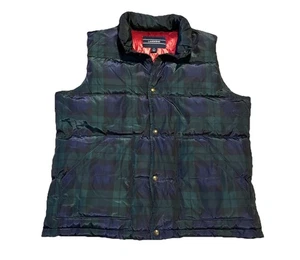 Lands End Down Puffer Vest Mens L 42-44 Tartan Plaid Green Red Snap Goose EUC - Picture 1 of 4