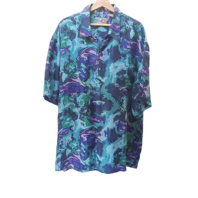 Hilo Hattie Shirt Button Up Silk Hawaii Vintage 90s Fish Resort Sheer Size 2XL - Image 1 of 4