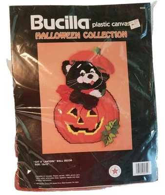 Bucilla Plastic Canvas Kit Halloween Black Cat Pumpkin Needlecraft Wall Art USA - Image 1 of 4