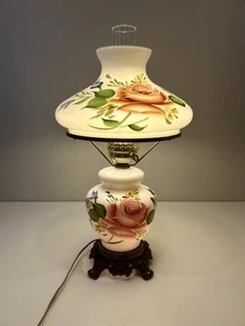 Vintage White Milk Glass & Bronze Floral Hurricane Lamp Hand Painted 23” - Picture 1 of 7